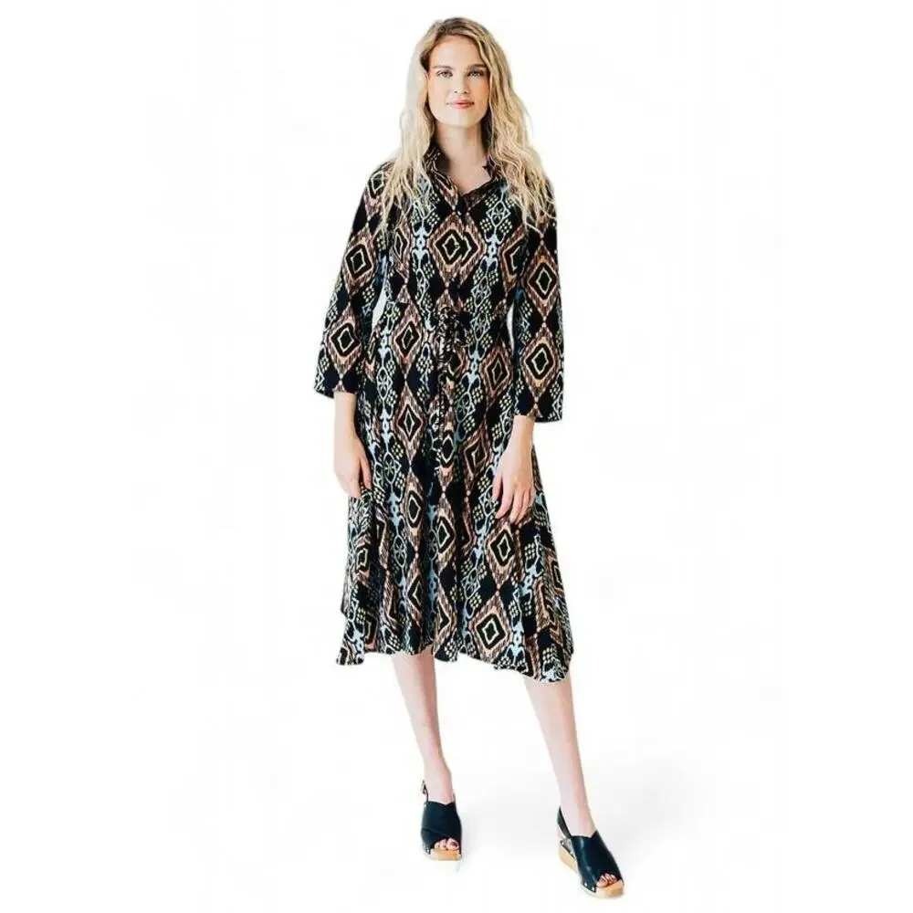 Never A Wallflower Black Ikat Cotton Tassel Drawstring Midi Dress Pockets Small